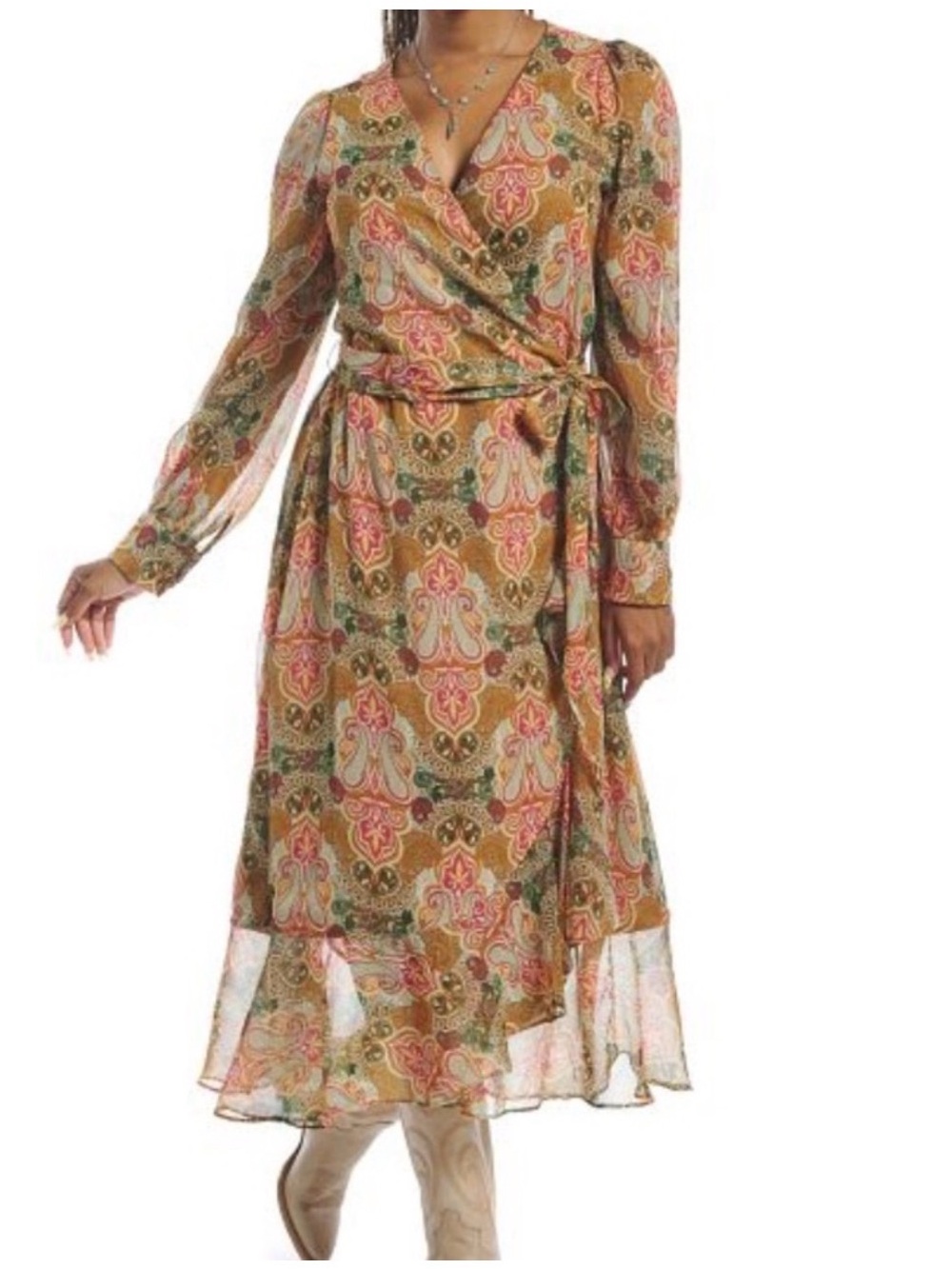 Justin Boots Paisley Wrap Midi Dress in Mustard and Pink